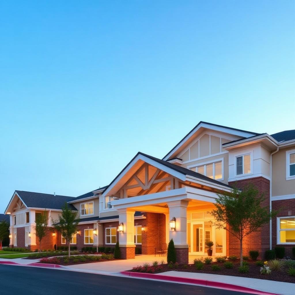 Warm senior living community at golden hour